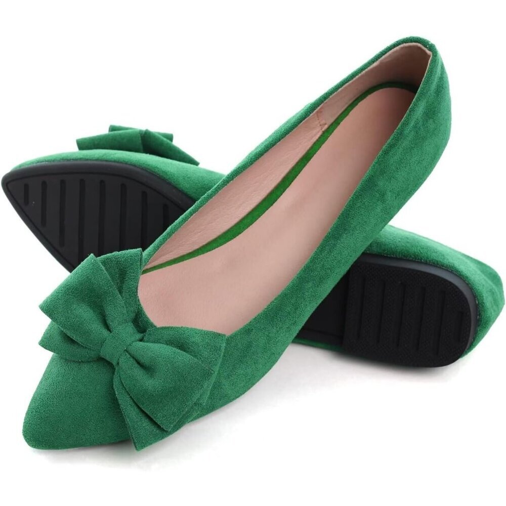 Women's Grass Green Bowknot Ballet Flats Pointy Toe Casual Flat Shoes Suede - Picture 3 of 6
